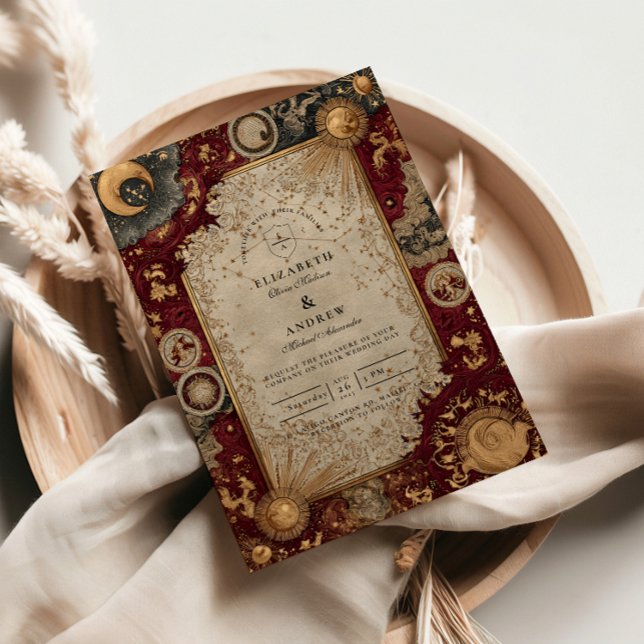 Invitation Mariage baroque céleste cramoisi (Créateur téléchargé)