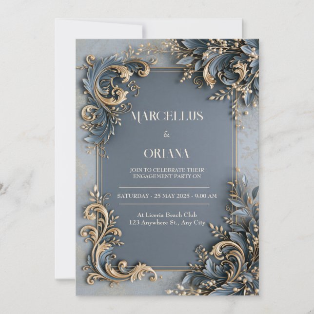 Invitation Mariage baroque en or et bleu ardoise (Devant)