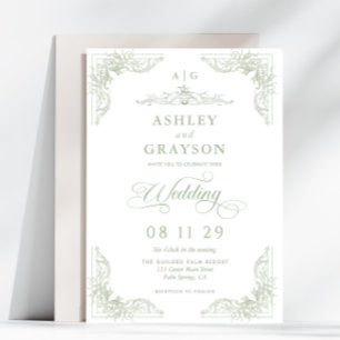 Invitation Mariage Baroque Monogramme Vert Sauge