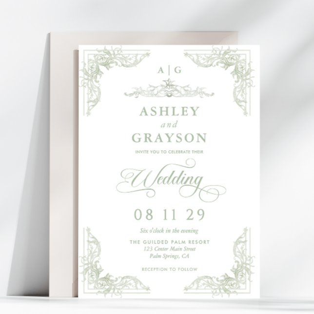 Invitation Mariage Baroque Monogramme Vert Sauge (Créateur téléchargé)