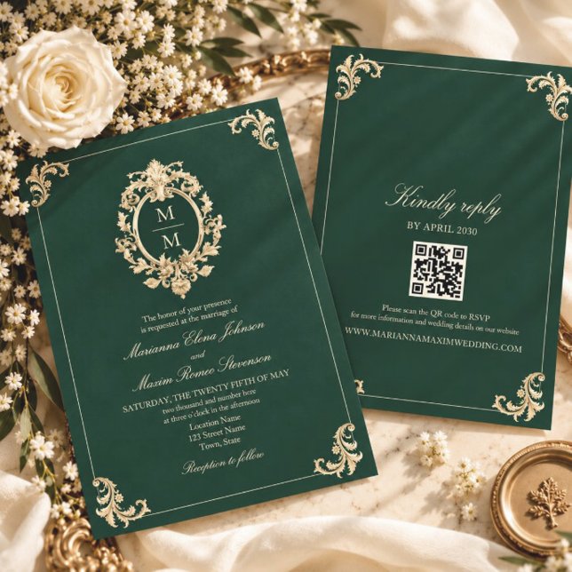 Invitation Mariage Baroque Or et Vert Émeraude (Créateur téléchargé)