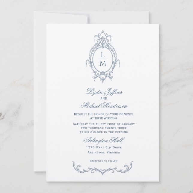 Invitation Mariage baroque Ornat Bleu Français (Devant)