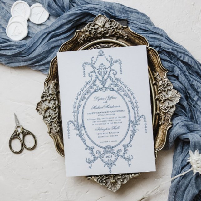 Invitation Mariage baroque orné bleu français (Créateur téléchargé)