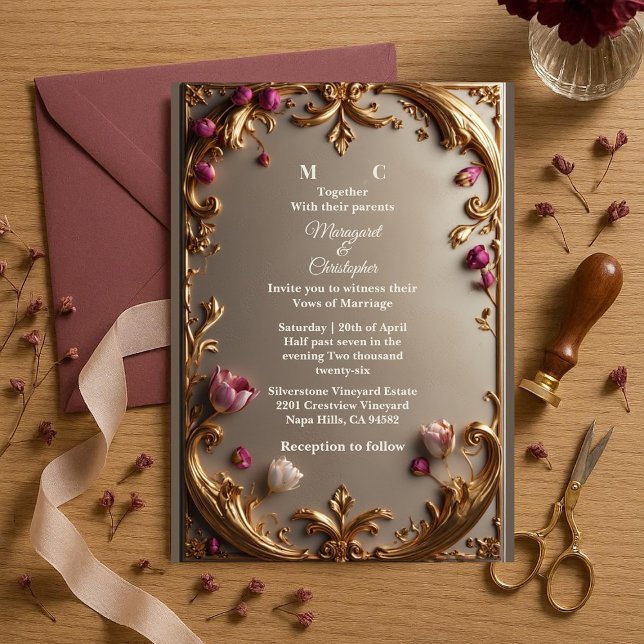 Invitation Mariage Baroque Orné de Tulipe de Mûre et d'Or (Lavish Mulberry Tulip Gold Baroque Opulent Wedding Invitation)