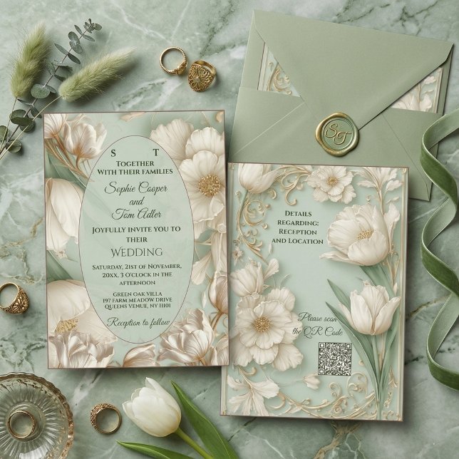 Invitation Mariage baroque orné de tulipes blanches et de ver (Sage Green White Tulip Gold Ornate Baroque Wedding Invitation)