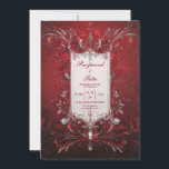 Invitation Mariage Baroque Rouge Foncé Filigrane Argenté<br><div class="desc">Cette conception d'invitation de mariage somptueuse présente une esthétique hautement dramatique, baroque et élégante, dominée par un fond rouge cramoisi profond vibrant avec une texture subtile et picturale. Un rectangle blanc orné central avec des détails de bordure raffinés fournit un espace lumineux pour le texte. Ce cadre est entouré de...</div>