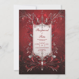 Invitation Mariage Baroque Rouge Foncé Filigrane Argenté