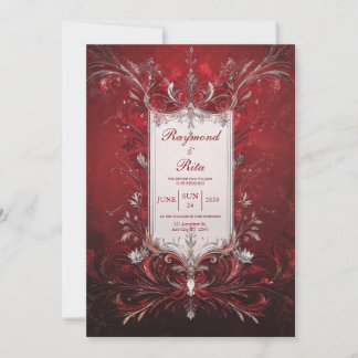 Invitation Mariage Baroque Rouge Foncé Filigrane Argenté