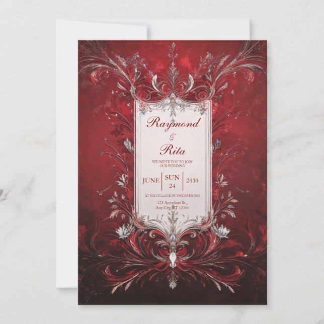 Invitation Mariage Baroque Rouge Foncé Filigrane Argenté (Devant)