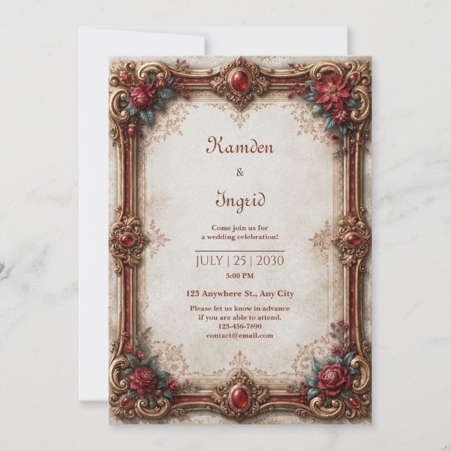 Invitation Mariage Baroque Rubis Or (Devant)