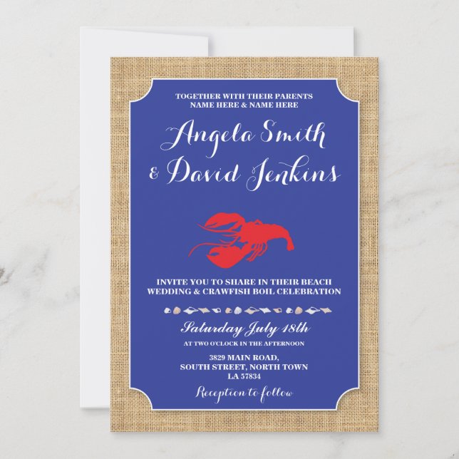 Invitation Mariage Beach Burlap Crawfish Boil Homard Invitati (Devant)