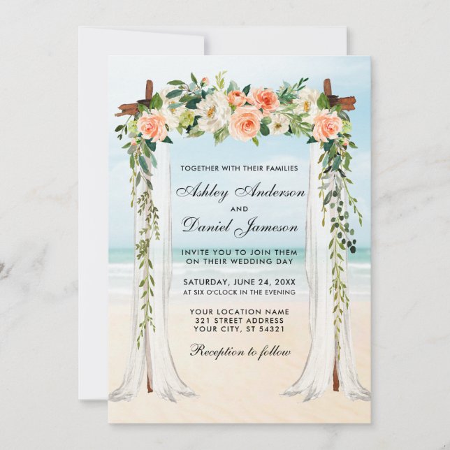 Invitation Mariage Beach Canopy Aquarelle Coral Floral (Devant)