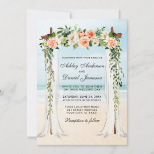 Invitation Mariage Beach Canopy Aquarelle Coral Floral