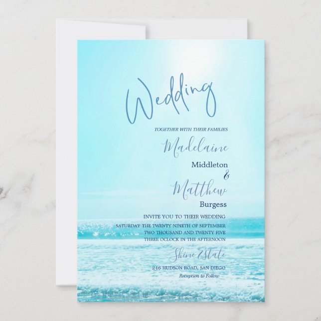 Invitation Mariage Beach Océan Scène Bleu Moderne Design (Devant)