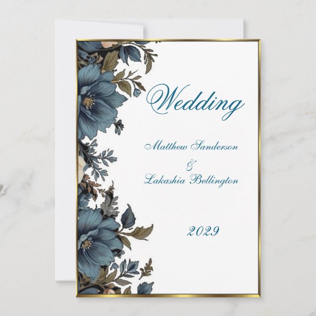 Invitation Mariage Beau Blanc floral Bleu (Devant)