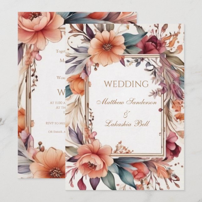 Invitation Mariage Beau Boho Moderne Fleurs florales 2 (Devant / Derrière)