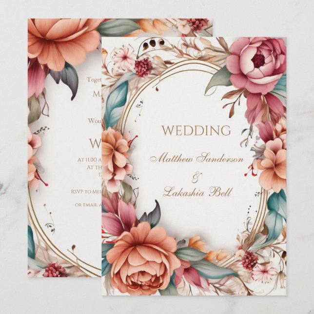 Invitation Mariage Beau Moderne Boho Floral fleurs  (Devant / Derrière)