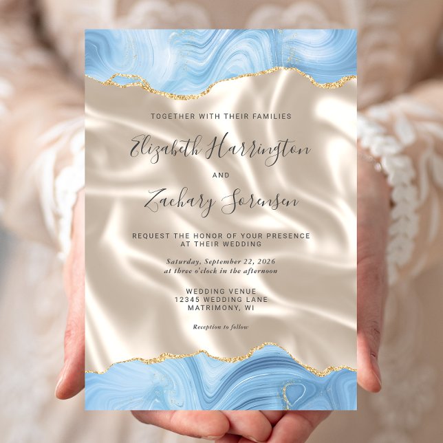 Invitation Mariage Bébé Bleu Or Agate Soie Ivoire (Créateur téléchargé)