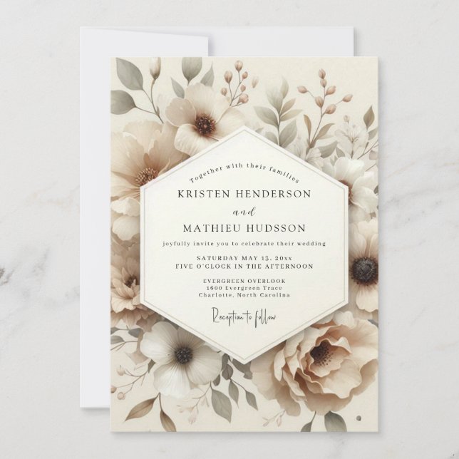 Invitation Mariage Beige Anémone Subtile (Devant)