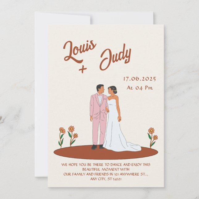 Invitation Mariage beige antique Fleurs neuves orange (Devant)