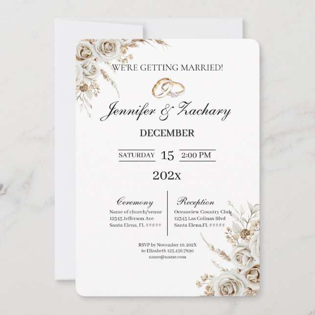 Invitation Mariage beige avec bouquet  (Devant)