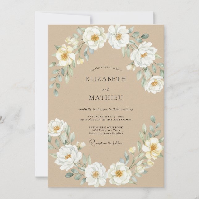 Invitation Mariage Beige Blanc Paeonie (Devant)