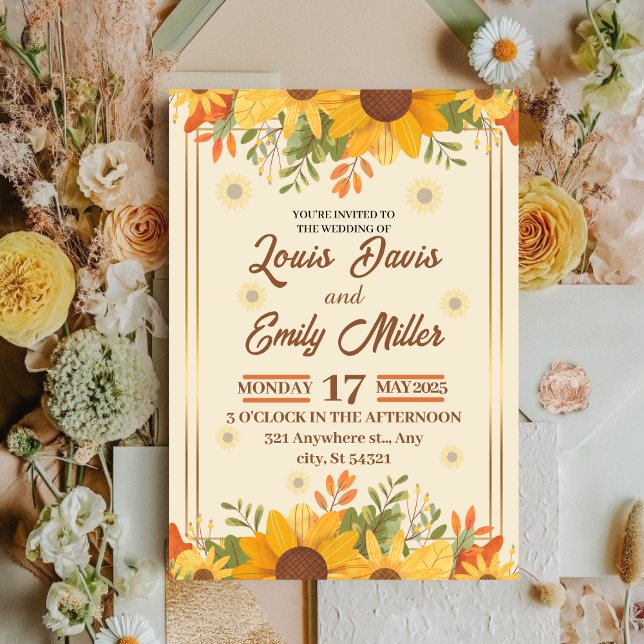 Invitation Mariage beige botanique avec oranger, fleurs jaune (Créateur téléchargé)