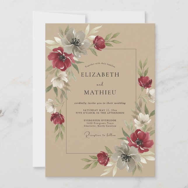Invitation Mariage beige et anémone cramoisie (Devant)