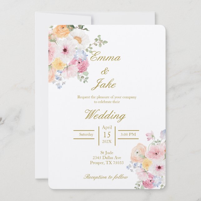 Invitation Mariage beige floral couleur eau (Devant)