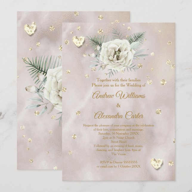 Invitation Mariage Beige Or Blanc Rose Cœurs Paillettes (Devant / Derrière)