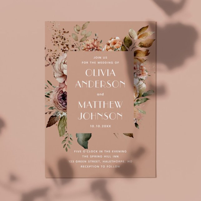Invitation Mariage beige pêche atténué | Code QR floral autom (Créateur téléchargé)