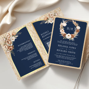 Invitation Mariage beige terreux floral bleu marine Pampas