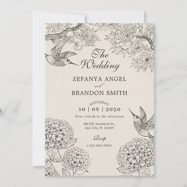 Invitation mariage beige vintage Oiseau Hydrangea Fleurs (Devant)