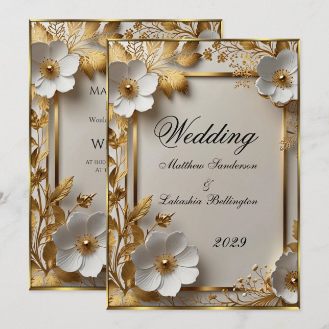 Invitation Mariage Belle Or fleurs blanches Moderne (Devant / Derrière)