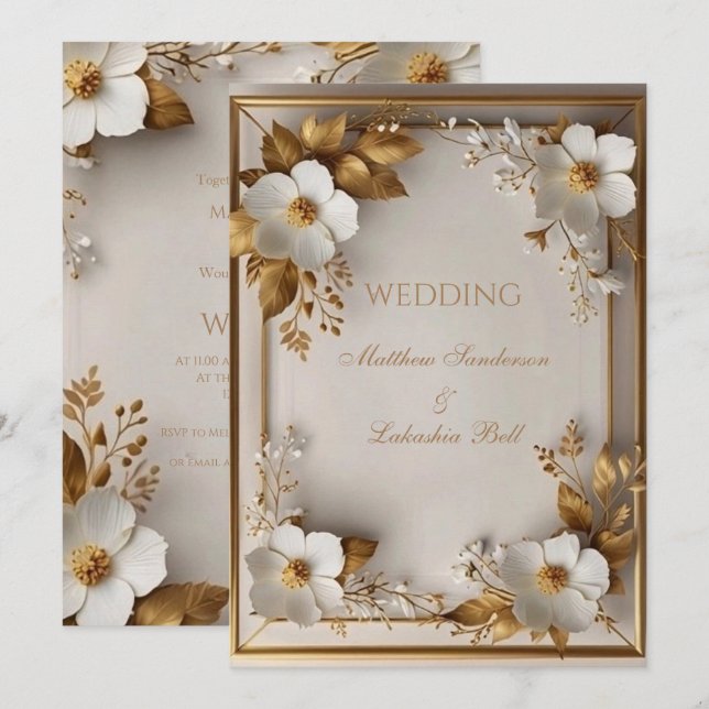 Invitation Mariage Belles fleurs blanches or feuilles (Devant / Derrière)