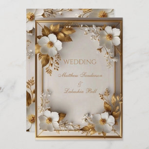 Invitation Mariage Belles fleurs blanches or feuilles