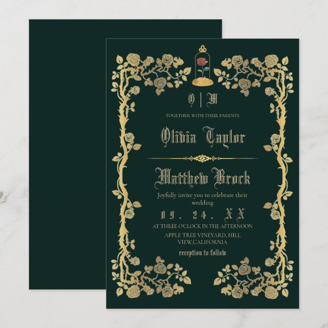 Invitation Mariage Bête & la Beauté Émeraude Verte  (Devant / Derrière)