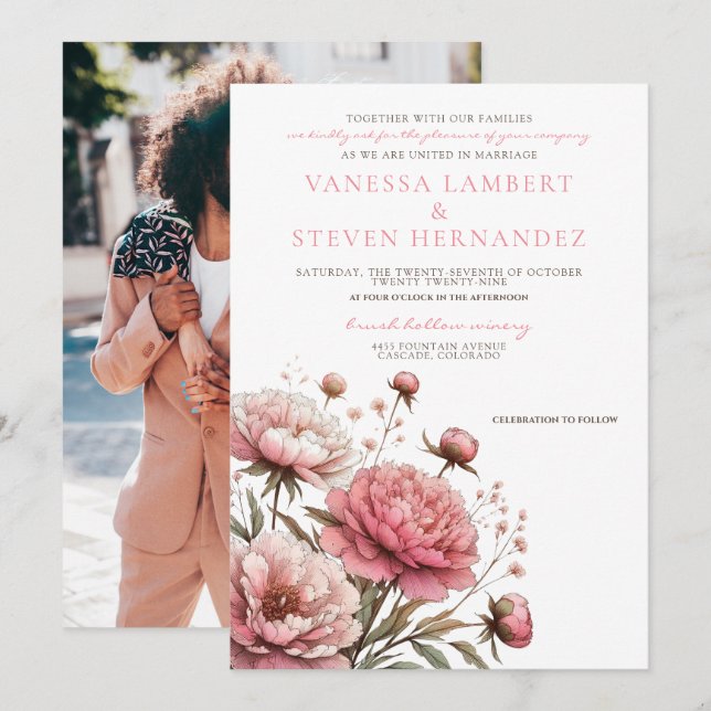 Invitation Mariage Big Pink Blooms (Devant / Derrière)