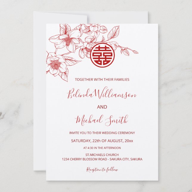 Invitation Mariage Bilingue Chinois | Magnolia Blanc Mariage  (Devant)