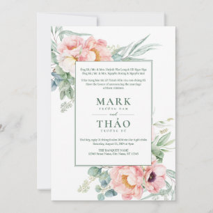 Invitation Mariage bilingue vietnamien rose blanc