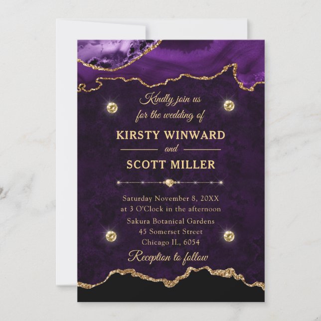 Invitation Mariage Bille d'agate à paillettes violettes et do (Devant)
