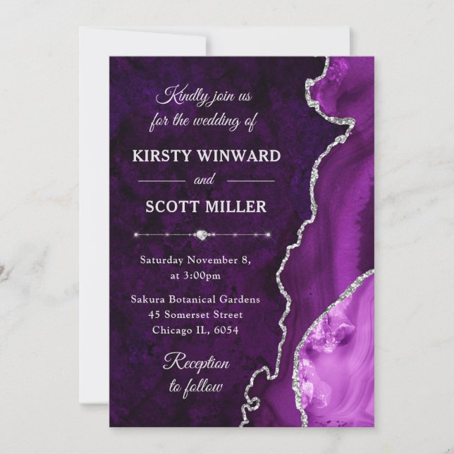 Invitation Mariage Bille d'Agate Violet Argent Pailleté (Devant)