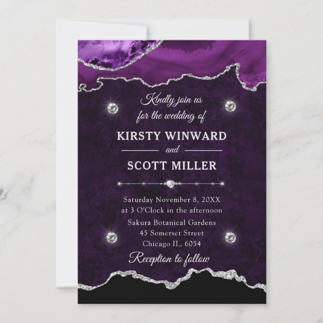 Invitation Mariage Bille d'Agate Violet Argent Pailleté (Devant)