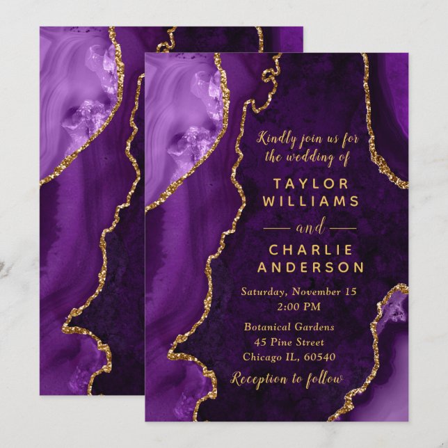 Invitation Mariage Bille d'agate violette et dorée (Devant / Derrière)