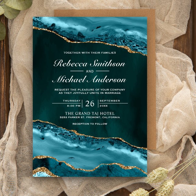 Invitation Mariage Bille de Marbre Agate Bleu-vert et Or (Créateur téléchargé)