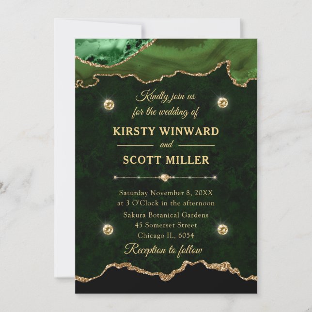 Invitation Mariage Bille de Marbre Agate Pailletée Verte et O (Devant)