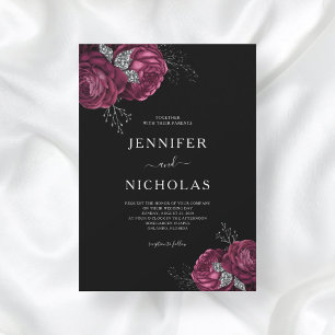 Invitation Mariage Black Floral Burgundy Peonies