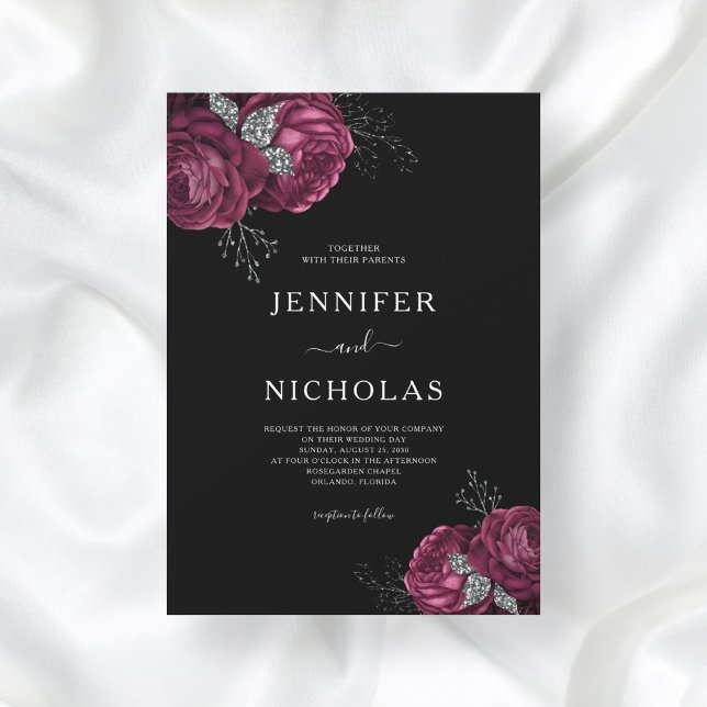 Invitation Mariage Black Floral Burgundy Peonies (Créateur téléchargé)
