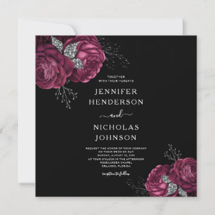 Invitation Mariage Black Floral Burgundy Peonies