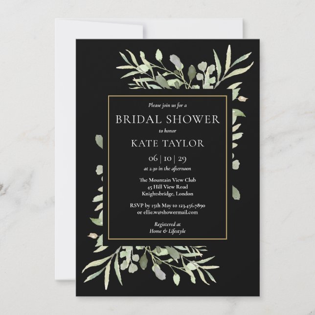 Invitation Mariage Black Gold Aquarelle Verdure (Devant)